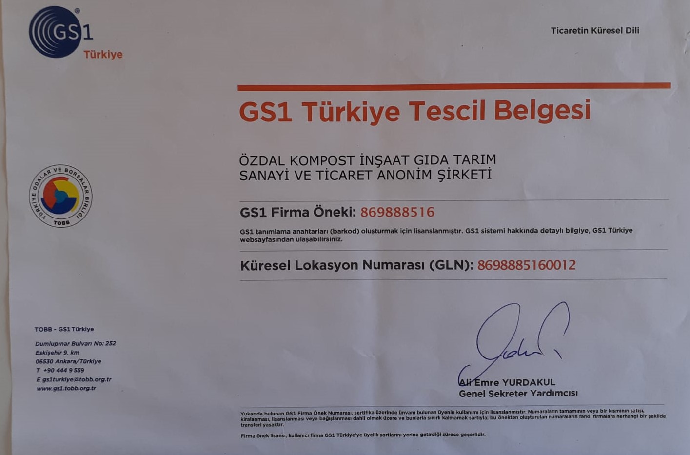 GS-1 TESCİL BELGESİ